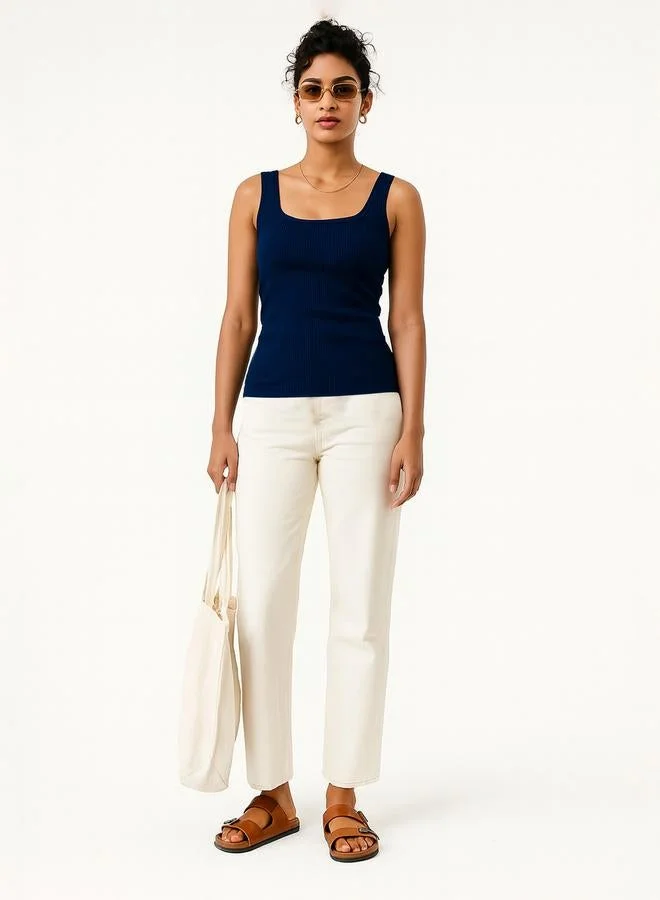 SASSAFRAS Women Navy Blue Rib Sleeveless Top